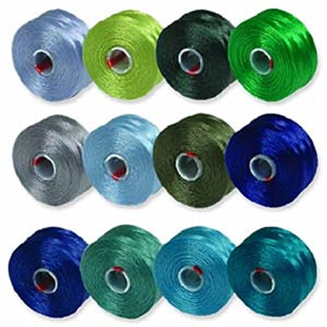 S-Lon Beading Thread Mixture 12 Colors Size D - Blues and Greens