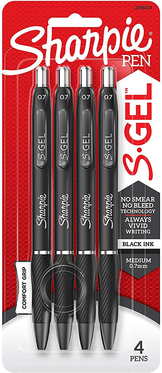 Sharpie S-Gel, Gel Pens, Medium Point (0.7mm), Black Ink Gel Pen, 4 Count