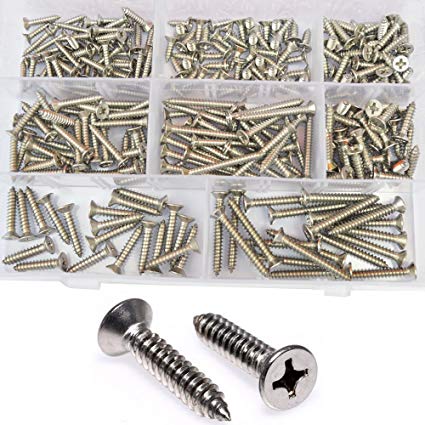 M3 M4 M5 Flat Head Self Tapping Screw Phillips Cross Recessed Threaded Countersunk Metal Wood Screw Bolts Fastener Hardware Assortment Kit Set 285pcs 304 Stainless Steel #6#8#10