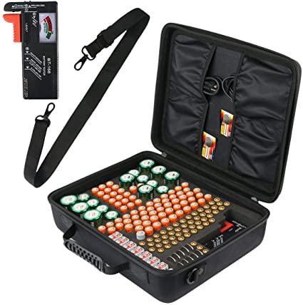 co2CREA Hard Travel battery Organizer with shoulder strap for storage box with tester BT-168D, carrying case battery bag holds 155 batteries AA AAA C D 9V lithium 3V (not included Batteries)