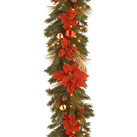 National Tree 9 Foot by 12 Inch Decorative Collection Home Spun Garland with Gold Twigs, Red Berries, Poinsettia and 100 Clear Lights (DC13-111L-9B)