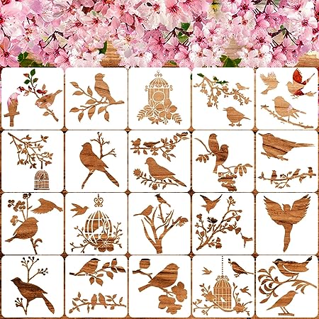 20 Pieces Stencils for Painting Reusable Animal Plant Music Stencil Spring Summer Fall Winter Stencil Template, DIY Stencils for Painting on Wood Canvas Christmas Decor (Bird Style)