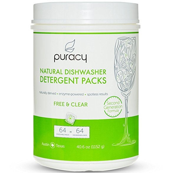 Puracy Natural Dishwasher Detergent Packs, 64ct, Enzyme-Powered Automatic Dish Tabs, Free & Clear, 64-Tablets