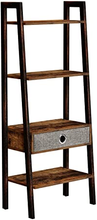 Rolanstar 4-Tier Rustic Ladder Shelf with Drawer, Bookshelf, Storage Rack Shelves, Stable Retro Metal Frame, for Living Room, Office Room