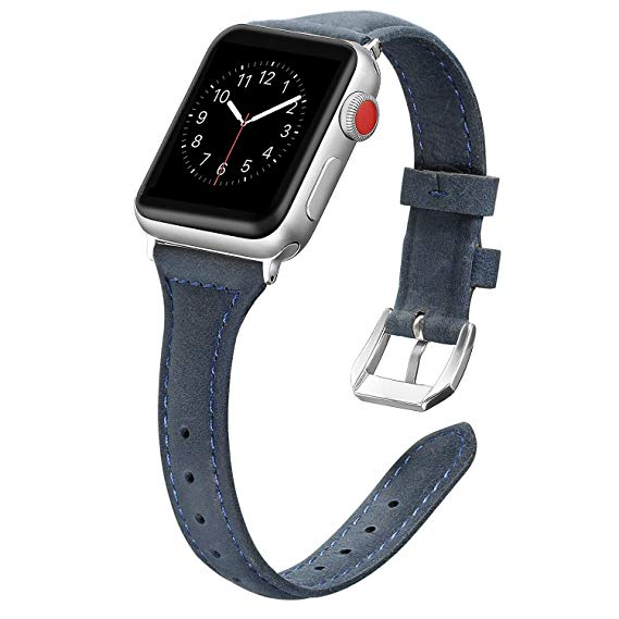 Secbolt Leather Bands Compatible Apple Watch Band 38mm 40mm Stainless Steel Buckle Replacement Slim Wristband Sport Strap Iwatch Nike , Series 4/3/ 2/1, Edition, Navy Blue