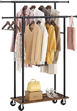 Rolanstar Clothing Garment Rack, Heavy Duty Clothes Rack with Wooden Shelf, Double Rod Closet Rack with Wheels, Metal Clothing Rack for Living Room, Entryway, Bedroom