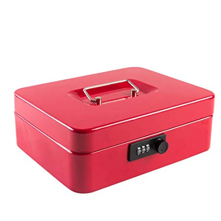 Kyodoled Cash Box with Combination Lock Safe Metal Money Box with Money Tray for Security Lock Box 9.84"x 7.87"x 3.54" Red