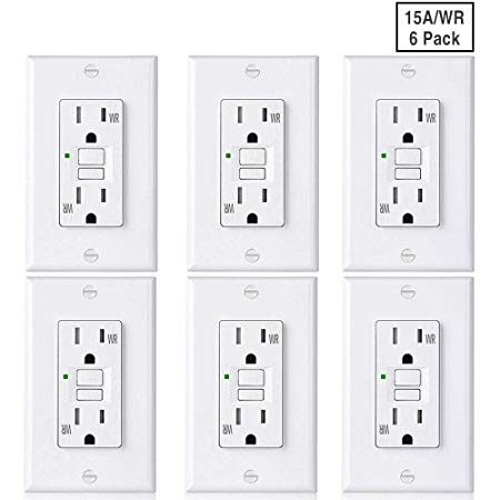 [6 Pack] BESTTEN 15A WR GFCI Outlet, Slim Outdoor Weather Resistant GFI, Tamper Resistant Receptacle with LED Indicator, TR Ground Fault Circuit Interrupter with Decor Wall Plate, UL Listed, White