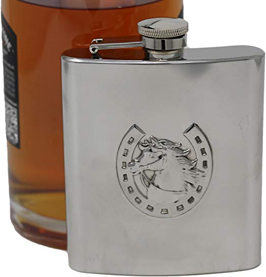 8 oz Pocket Hip Alcohol Liquor Flask in Etched Horsewhip Print - Made from 304 (18/8) Food Grade Stainless Steel