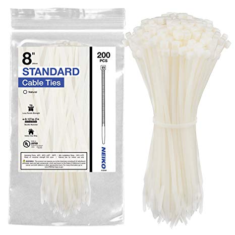 Neiko 51254A Natural White Cable Zip Ties, 200-Piece | 8-Inch Length | 75-lbs Tensile Strength