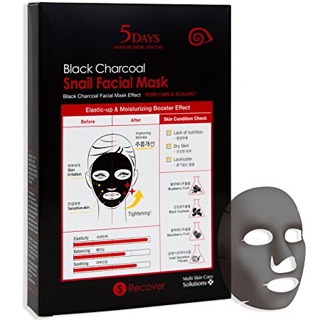 5 Days Black Charcoal Snail Facial Mask for Skin Elasticity, Pore Care, and Intensive Moisture (5 Sheets)
