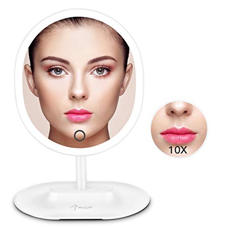 BESTOPE LED Makeup Mirror with 1X/10X Magnification, Natural Lighted Vanity Mirror Touch Screen, USB & Battery Power Supply, Oval Shaped Dimmable Countertop Cosmetic Makeup Mirror