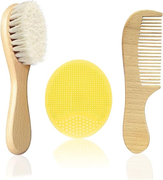 Molylove Baby Hair Brush with Wooden Handle and Comb Set for Newborns & Toddlers | Natural Soft Goat Bristles l Wood Comb l Yellow Silicone Brush| Ideal for Cradle Cap (3PCS)