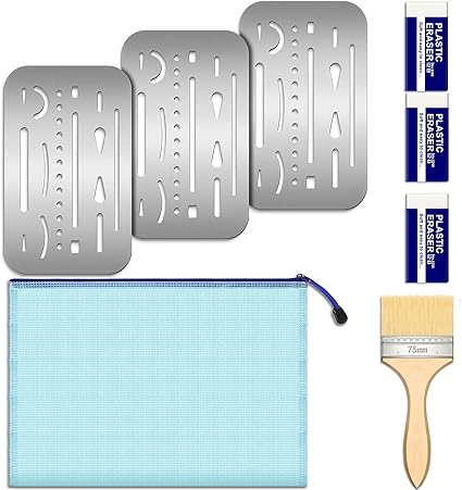 8 Pieces Erasing Shields Stainless Steel Erasing Shield Kit 3 Erasing Shield Stainless Steel Drawing Template 1 Edge Cleaning Brush 3 Erasers and 1 Zipper File Bag for Painting, Shield Drafting Tools