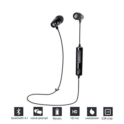 Bluetooth Headphones, Kocopoo Bluetooth V4.1 Wireless Sports Earphones Sweatproof In-ear Headset with Microphone Noise-Cancelling for iPhone iPad Samsung Galaxy S7 and Android Phones