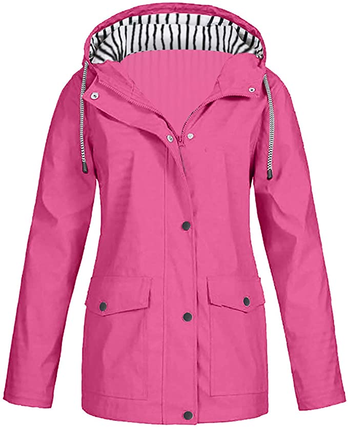 Keepmove Coat for Women Winter, Women Solid Rain Jacket Outdoor Plus Waterproof Hooded Raincoat Windproof