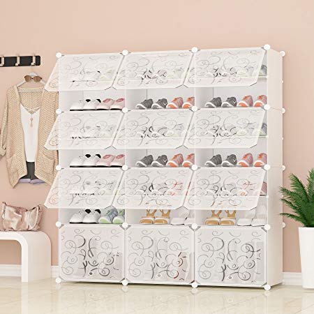 JOISCOPE Portable Shoe Storage Organzier Tower, Modular Cabinet for Space Saving, Shoe Rack Ideal for Shoes, Boots, Slippers (3/7,White with Transparent Doors) …