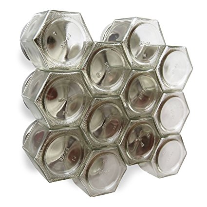LARGE DIY HEX SILVER: Magnetic Spice Rack (Includes 12 EMPTY Large Hexagonal Glass Jars, Magnetic Lids and Clear 1" Labels w/ Spice Names)