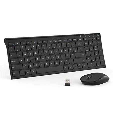 iClever GK03 Wireless Keyboard and Mouse Combo - 2.4G Portable Wireless Keyboard Mouse, Rechargeable Battery Ergonomic Design Full Size Slim Thin Stable Connection Adjustable DPI, Silver White (Black)