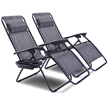 Goplus Zero Gravity Chair Set 2 Pack Adjustable Folding Lounge Recliners for Patio Outdoor Yard Beach Pool w/Cup Holder, 300-lb Weight Capacity (Light Gray)