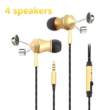 U3d870gold Top 4 Speaker Drivers High Quality Best in Ear Earbuds with MIC, Best Stereo in Ear Headphones for Music Bass with MIC, Work with Cell Phone, Tablet PC, Ipad and Laptop; Best in Ear Cool Earphones Handfree Headset with Microphone, Working with Apple Iphone456s Ipad, Samsung, Andorid and All the 3.5mm Music Play Devices; Gift: 1 Free 1 Meter Length Cable to Convert Mobile 3.5mm Earphones to Desktop Computer(1 plug converter to 2 plugs to use MIC for Desktop PC)