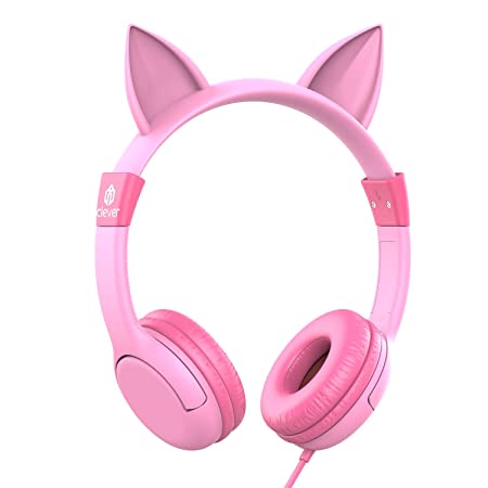 iClever Boostcare Kids Headphones Girls HS01- Cat Ear Hello Kitty Wired Headphones for Kids on Ear, 85dB Volume Control - Toddler Headphones for Kindle Tablet(with Mic), Pink