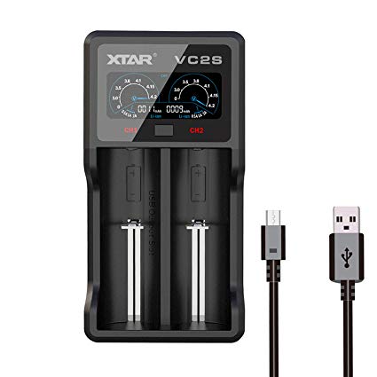 XTAR VC2S 5V 2.1A Battery Charger Upgraded Colorful LCD Display 2 Slot Charger, Compatible Li-ion/lMR/INR/ICR 10440/14500 / 16340/17500 /18500/18650 / 18700/20700 / 21700/22650 /25500/2