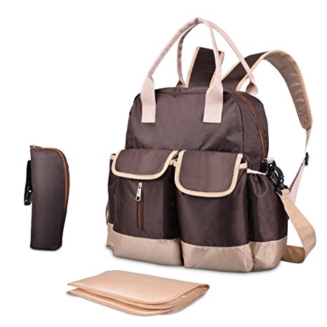 Diaper Bag-Waterproof backpack with Changing Pad,Shoulder Straps and Thermal Insulated Pocket Brown