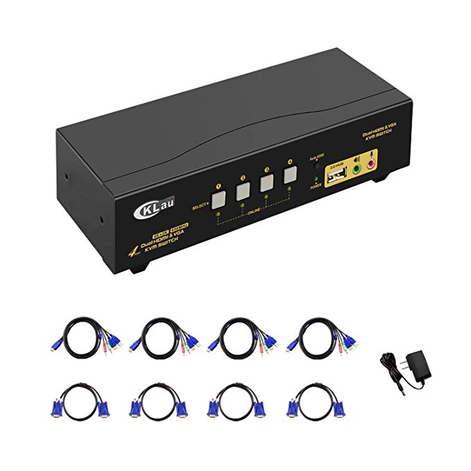 CKLau 4 Port VGA HDMI Dual Monitor KVM Switch Extended Display with Audio, Microphone, USB 2.0 Hub and Cables Support 4Kx2K@30Hz