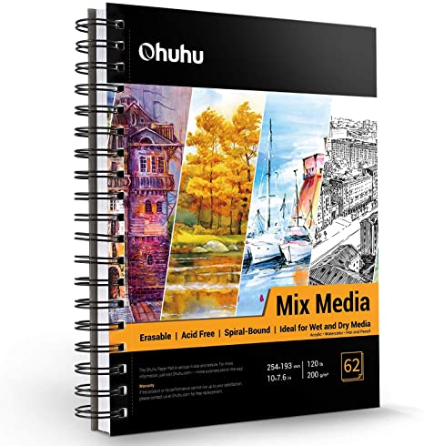 Mix Media Sketchbook, Ohuhu 10"×7.6" Mixed Media Art Pad, 120 LB/200 GSM Heavyweight Papers 62 Sheets/124 Pages, Spiral Bound Mix Media Paper Pad for Acrylic, Watercolor, Pen and Colored Pencil Painting, Mother's Day Gift Idea