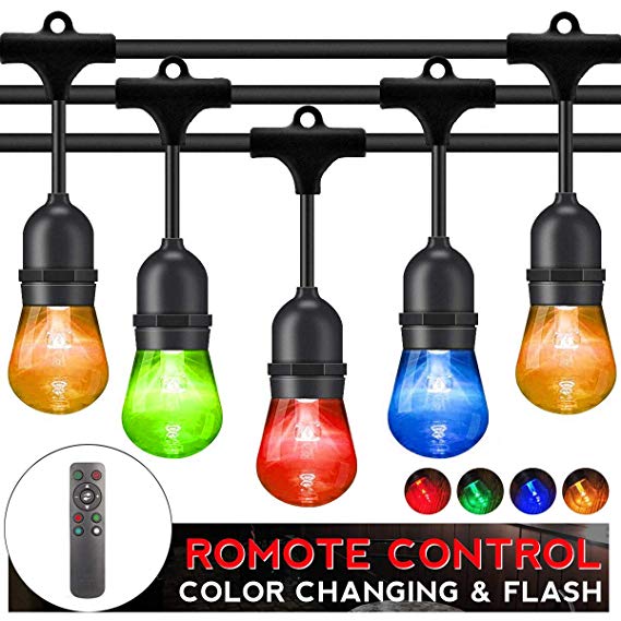 Outdoor String Lights LED Patio RGB Color Changing String Lighting 48FT 24sockets Patio Lights Outdoor Lights Color Bulbs Light for Patio Cafe Garden Hotel Party Decoration