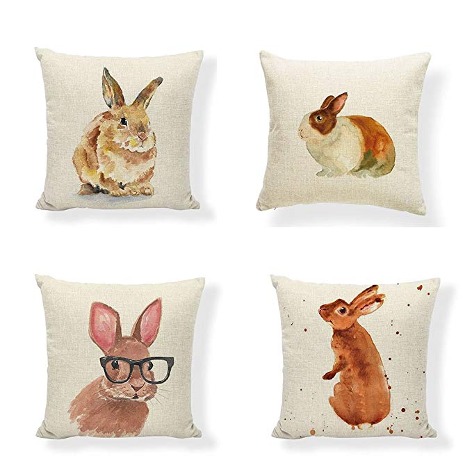 PSDWETS Easter Rabbit Home Decor Pillow Covers Set of 4 Cotton Linen Cute Bunny Throw Pillow Case Cushion Cover 18 X 18