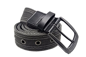 Men's Military Water-Washed Canvas Waist Web Belt Leather Tipped End and Silver Metal Buckle