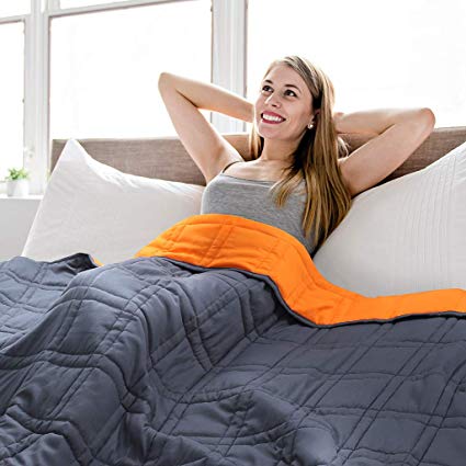 LANGRIA Reversible Weighted Blanket (15 lbs, 48''x72'') - Heavy Blanket for Calm Sleeping for Adults - Breathable Cotton Fabric with Small Pockets for Odorless Glass Beads (Blue & Orange)