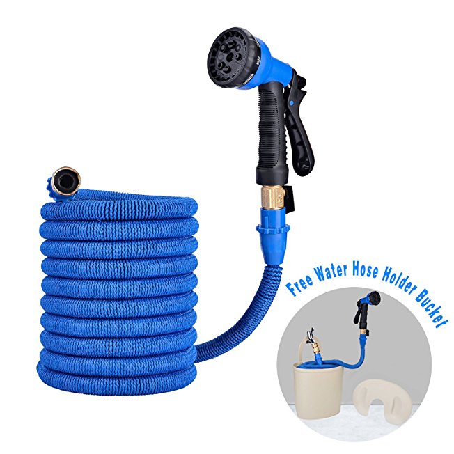 50Ft Expandable Garden Hose with Water Hose Holder Bucket,Expanding Kink-free Hose Pipe with 8 Pattern Hose Nozzle,5000 Denier Woven Casing Strength Fabric Surrounds Latex Inner Tube,Blue by DOMIRE