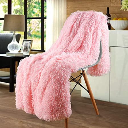 Merit Home Shag with Sherpa Reversible Warm Throw Blanket, Ultra Soft, Cozy Plush Luxury Fuzzy Longfur Blanket, Hypoallergenic and Washable Couch Bed Fluffy Furry Throws Photo Props, 50x60-Light Pink