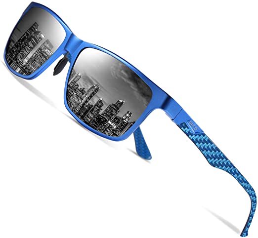 DUCO Mens Carbon Fiber Temples with Rectangular Polarized Metal Frame Sunglasses 8206