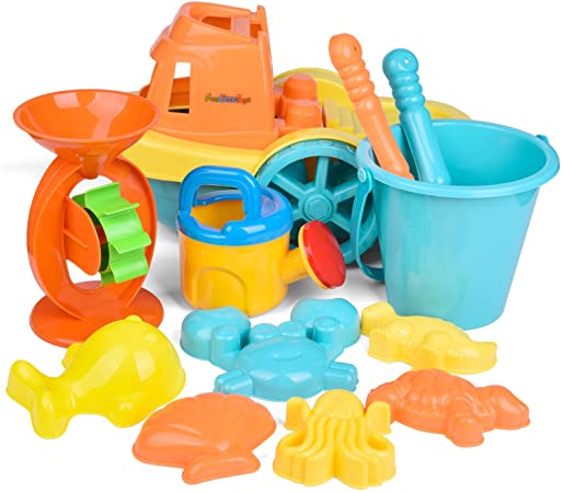 FunLittleToy Kids Beach Sand Toy Set, Beach Boat, Bucket, Watering Can, Shovel, Rake, Kids Outdoor Toys Sandbox Toys 12 Piece