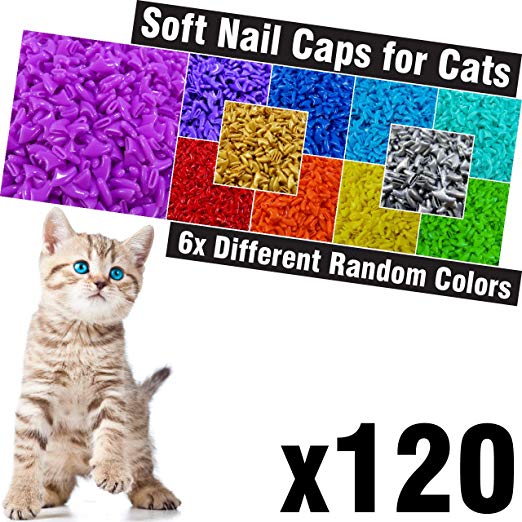 120 pcs Soft Cat Claw Caps for Cats Nail Claws 6X Different Random Colors   6X Adhesive Glue   6X Applicator, Pet Cap Tips Cover Paws Grooming Soft Covers