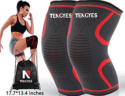 Knee Compression Sleeve ( 1 Pair / sackpack ) by Tengyes - Best Knee Support Brace for ACL, MCL, Volleyball, Powerlifting, Basketball, Running, Sports - Knee Sleeves for Women & Men (Large, Red)