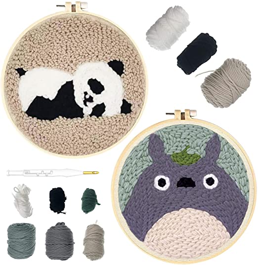 Wool Queen Punch Needle Starter Kit | Animal Rug Hooking Beginner Kit, with an Adjustable Embroidery Pen and 8.6'' Hoop for Kids Adults Craft Gift-Panda & Totoro