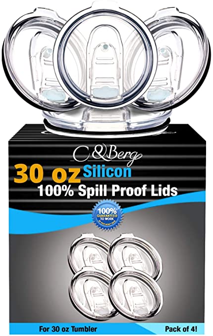 4 Silicon Lids 30 oz Spill Proof - No Leak Splash Proof Replacement Silicon Slider Locking Closure, 4 Lids for Tumbler, Fits on Renowned Brands; 3.5 Inch Diameter by C&Berg Model 2020