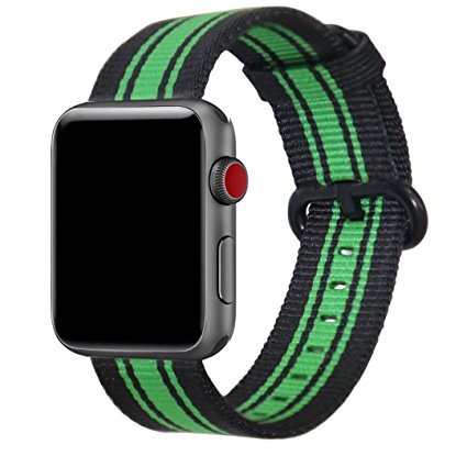 Hailan Band for Apple Watch Series 1 / 2 / 3,Fine Woven Nylon Wrist Strap Replacement with Classic Buckle for iwatch,42mm,Black Green stripes