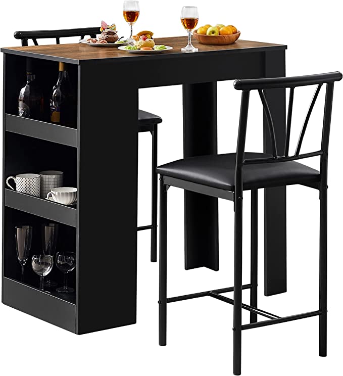 VECELO Small Bar Table and Chairs Tall Kitchen Breakfast Nook with Stools/Dining Set for 2, Storage Shelves, Space-Saving, Retro