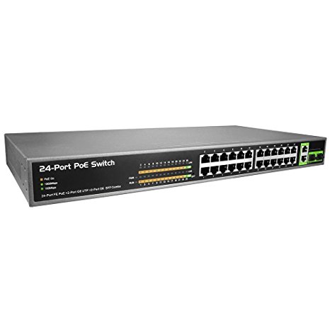BV-Tech POE-SW2402E-ECO | 24 Port 10/100Mbps PoE  Unmanaged Switch with 2 Gigabit Ethernet / SFP Uplink (1000Mbps) - 220W High Power - 802.3at