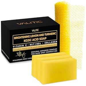 VALITIC Brightening Lemon and Turmeric Kojic Acid Soap - Vitamin C, Retinol - Original Japanese Complex with Hyaluronic Acid, Vitamin E, Shea Butter, Castile Olive Oil - 3 Pack and African Net Sponge