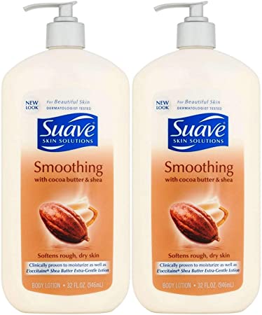 Suave Skin Solutions Smoothing Body Lotion with Cocoa Butter and Shea, 32 Ounce (Pack of 2)