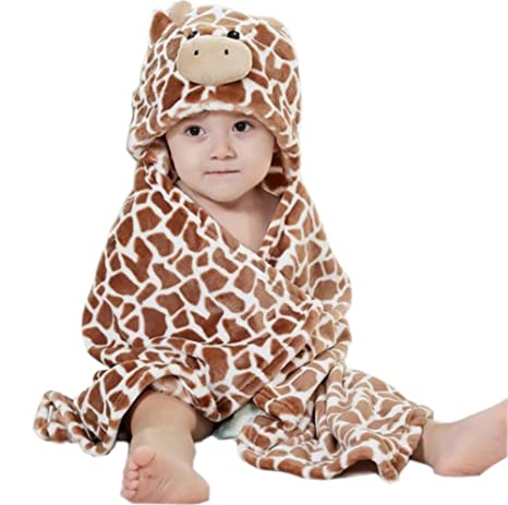 Baby Hooded Bath Towels Animal Bathrobe Fleece Towel Blanket (Brown Giraffe)