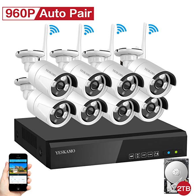 Home Security Camera System,YESKAMO Wireless Security Camera System 8 Channel 960P 1.3MP CCTV Surveillance WiFi IP Cameras System,Night Vision,2TB Hard Drive Pre-installed
