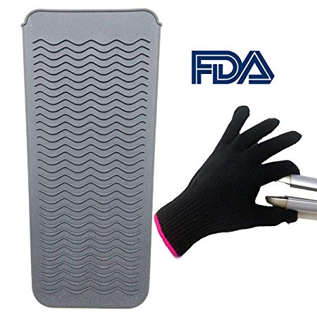 Heat Resistant Mat Pouch and Heat Resistant Glove for Curling Irons, Hair Straightener, Flat Irons and Hair Styling Tools 11.5" x 6", Food Grade Silicone, Gray